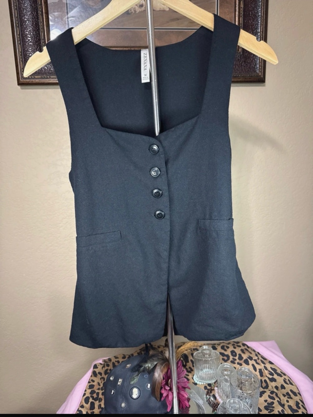 Revamped Zenana black vest w/ silk inner lining; custom bleach painted back